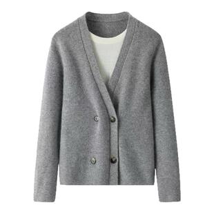 假两件100纯羊绒拉绒V领羊绒开衫女长袖针织衫宽松老钱风毛衣外套