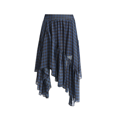 COINROVA两色不规则飘逸格纹雪纺半身裙半松紧腰半身长裙