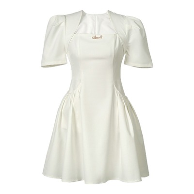 短款高腰方领a字连衣裙子