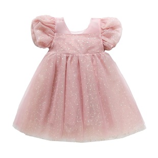 高端女童连衣裙夏装洋气女孩泡泡袖公主裙重工亮片生日演出礼服裙