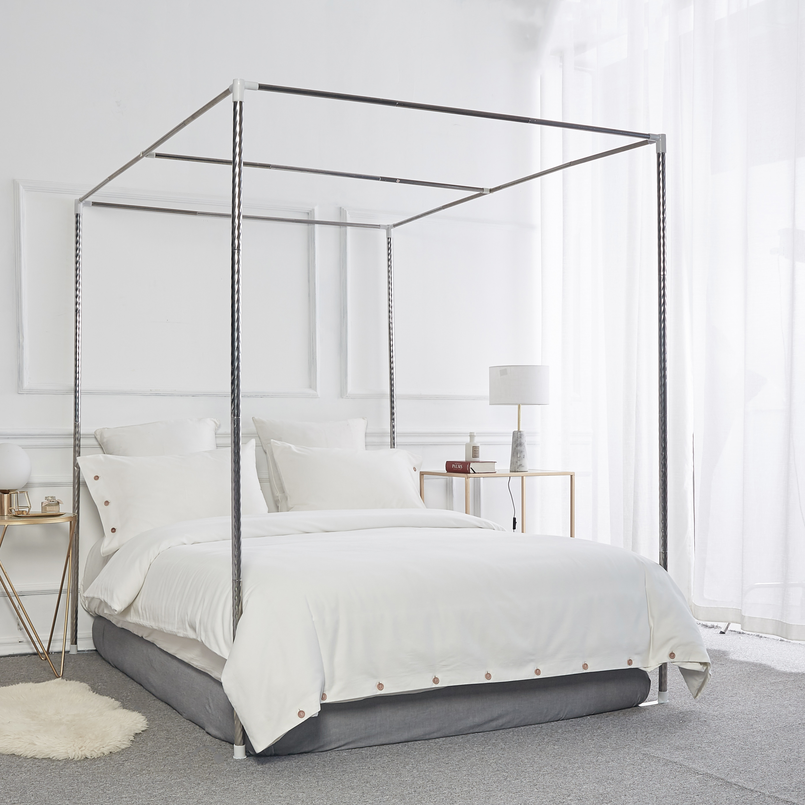 蚊帐支架杆子配件三开门不锈钢管方顶架子加粗单开门落地公主蚊i.