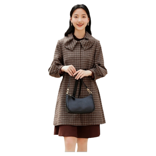 乔妮塔品牌女装2025春秋新款韩版时尚甜美中长款系带收腰格子外套