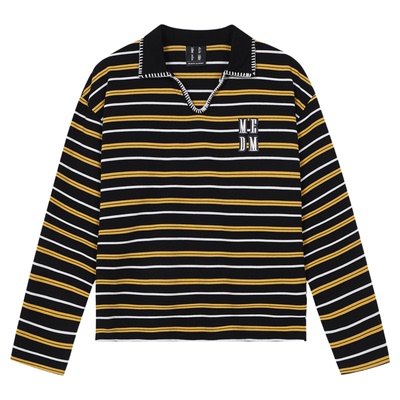 MEDM拼色条纹贝壳绣花长袖T恤