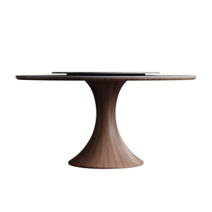 北欧实木餐桌圆形转盘现代简约胡桃色贴皮侘寂风意式哑光岩板圆桌