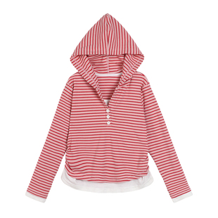 NORNOR陈大猪女童连帽长袖t恤26新款春季好看条纹儿童假两件上衣