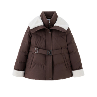 羊羔毛翻领羽绒服女中长款2025年冬季新款收腰加厚保暖白鸭绒外套