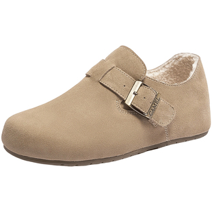 骆驼女鞋2026春新款复古加绒毛毛鞋单鞋穆勒鞋包头半拖鞋女勃肯鞋