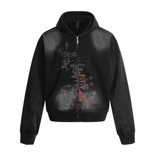 MRNEARLY美式复古开衫拉链做旧连帽卫衣男女重磅高街秋季短款外套