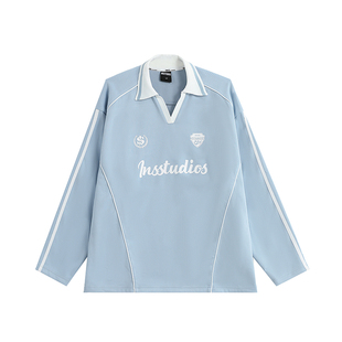 INSstudios 国潮牌情侣美式撞色条纹V领卫衣宽松三条杠长袖球衣男