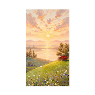 纯手绘油画日出东方客厅装饰画奶油风小清新风景壁画入户玄关挂画