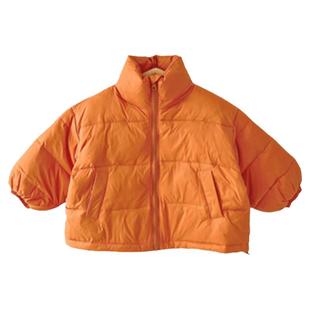 女童韩版纯色羽绒服女宝宝中长款橙色立领无帽防寒保暖宽松羽绒服
