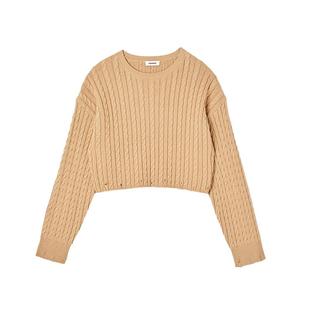 SANDRO Outlets秋冬女装法式气质米黄色做旧袖口圆领绞花针织衫