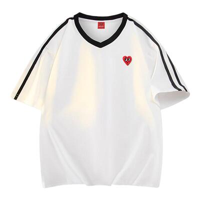 哈尔斯桃心美式条纹短袖t恤男女