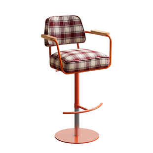 复古风可升降旋转吧台椅客厅卧室家用高脚椅休闲扶手椅单人方格椅