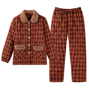 梭织夹棉睡衣女士冬季100%纯棉三层加绒加厚可外穿时尚格子家居服