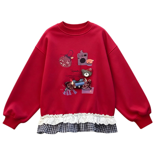 女童加绒卫衣2025新款儿童今年流行中长款女孩超好看韩系花边上衣