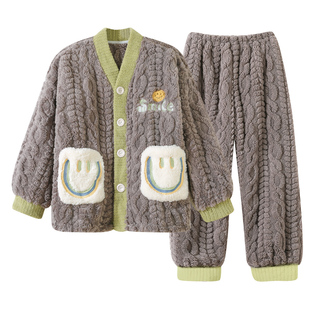 儿童加绒睡衣男童秋冬2025新款小中大童珊瑚绒加厚男孩家居服套装