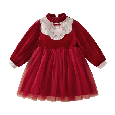 女童裙子秋冬中大童冬装加厚新中式纱裙宝宝红色礼服儿童周岁衣服