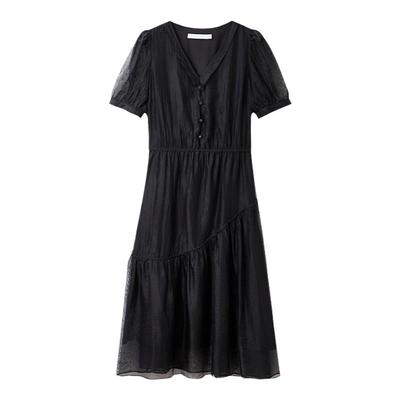 水云间黑色v领连衣裙女夏新款2025时尚拼接设计感中长款醋酸裙子