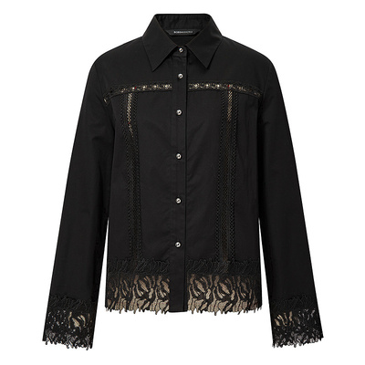 BCBG春夏简约通勤时髦气质蕾丝拼接花边低调职场黑色长袖衬衫上衣