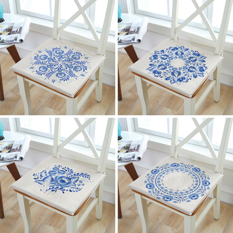 民族风青花瓷蓝色椅子垫中式加厚海绵沙发垫棉麻餐椅垫办公室坐垫