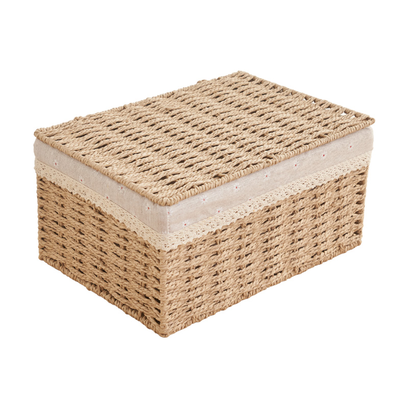 桌面编织收纳筐带盖家用大号仿藤编收纳箱杂物零食玩具草编整理箱