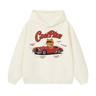 红色敞篷猫美式复古猫咪印花卫衣春秋季宽松休闲慵懒连帽外套男女