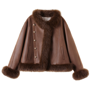 美拉德风真狐狸毛皮草女冬季毛领拼接白鸭羽绒服仿麂皮绒短款外套