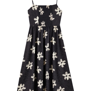 秋水伊人复古碎花吊带裙2026年春季新款女黑底白花经典撞色连衣裙