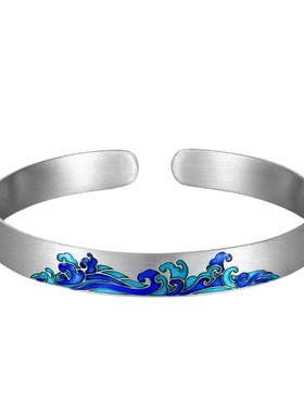 古典祥云莲花999足银烤漆银手镯