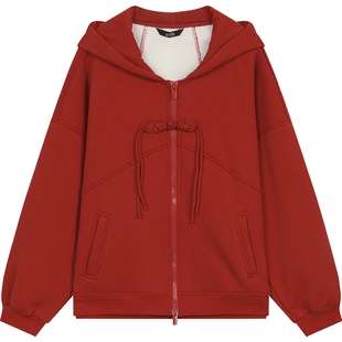 妖精的口袋新中式红色加绒连帽卫衣开衫女2026春秋小个子厚外套