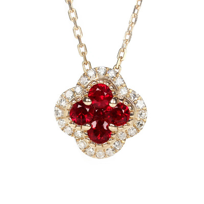 18K玫瑰金鸽血红宝石四叶草吊坠