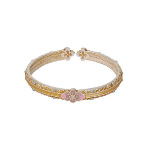 足银9999描金珐琅花卉手镯女新中式国风宫廷纯银镯子送妈妈送女友