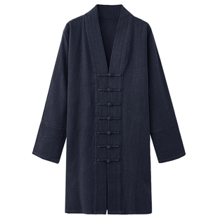 原创亚麻男士长款道袍复古中国风修行服宽松居士禅服春秋古风男装