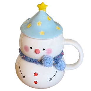 可爱雪人马克杯带盖大容量咖啡杯创意情侣杯好看喝水杯子生日礼物
