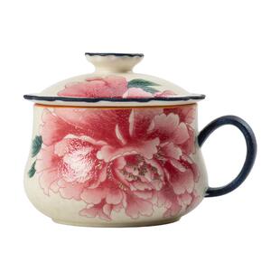 牡丹花青花岩矿白办公杯茶水分离泡茶杯复古陶瓷水杯带盖个人专用