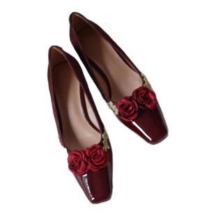 vintage甜瑶家《红渠》原创复古真皮拼接新中式婚鞋扁跟高跟单鞋