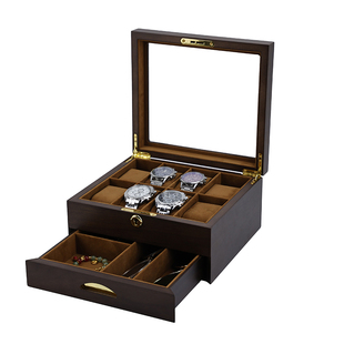高级款烤漆黑胡桃纹8位手表盒高端带锁珠宝首饰收纳展示包装盒子