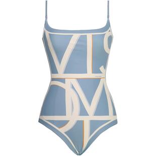 visual mood泳衣女复古蓝双面印花遮肚显瘦时尚连体温泉度假泳衣
