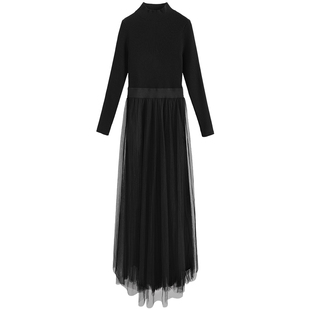 毛衣针织连衣裙冬装女2025新款修身显瘦网纱裙子黑色秋冬打底长裙