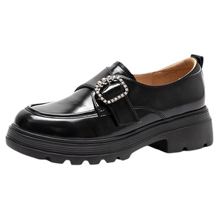 沙驰女鞋牛皮厚底乐福鞋25年新款水钻方扣JK小皮鞋百搭通勤单鞋