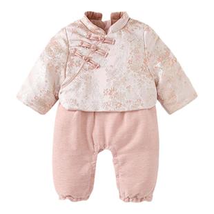 百天婴儿衣服秋冬拜年服新生儿夹棉爬服冬装女宝中国风新年连体衣