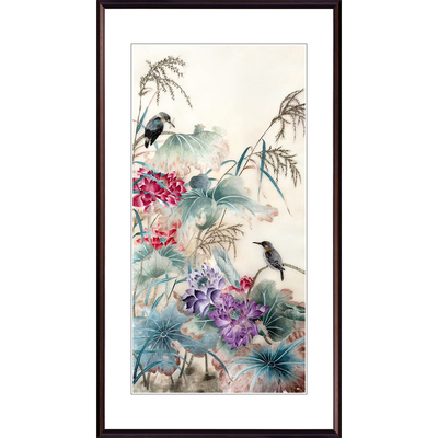 手工苏绣荷花鸟玄关挂画