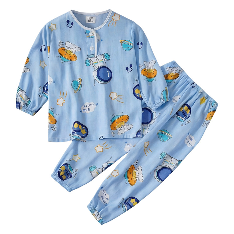 春夏儿童棉绸睡衣薄款空调服 小孩人造棉绵绸男女收口防蚊家居服