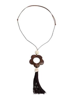 复古木质镂空花朵流苏吊坠项链