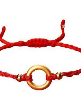 纯银镀金平安扣红绳手链本命年女