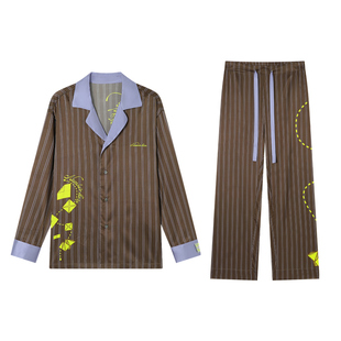 NUMBER HERE桑蚕丝条纹撞色印花睡衣睡裤套裝男女款NH24L150