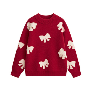 爱法贝秋冬新款女童甜美线衫中大童针织衫儿童宽松圆领红色上衣