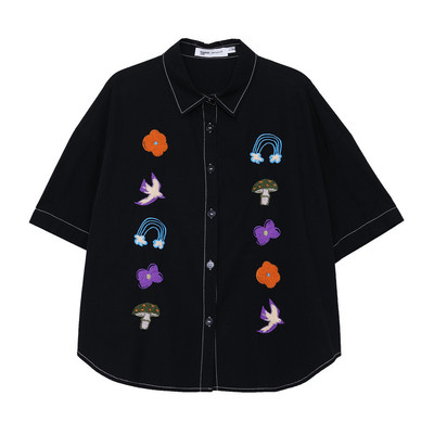 MOVEUP幻走2026春季新款.FUN系列纯棉落肩绣花弧形下摆短款衬衫女