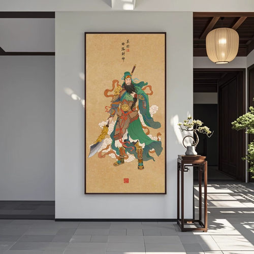 赵公明财神爷挂画玄关画五路关羽画像装饰画财神后背景墙佛龛供桌